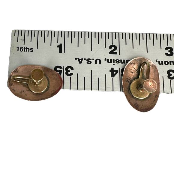 Vintage Artsy Oval Enamel Copper Screw Back Earrings Mid Century Art Abstract - Picture 8 of 8